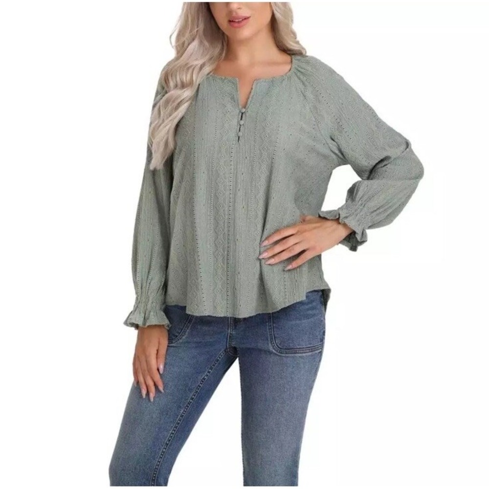 Frye Textured Long Sleeve Peasant Blouse Light Green Women's‎ Sz XL Pullover